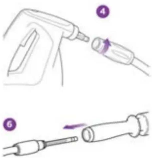 Diagram showing a hairdryer being inserted into a tool, labeled with step 4 and step 6.