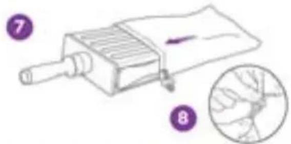Diagram of a handheld device with labeled parts and an inset showing hand placement for measurement or inspection.