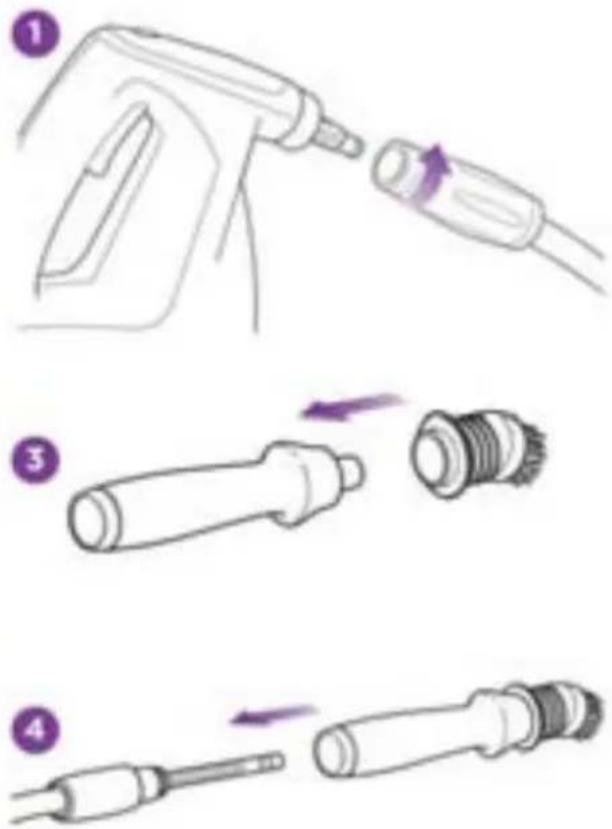 Illustration showing three-step assembly steps of a hairdryer tool, labeled 1 to 4 with arrows indicating process flow.