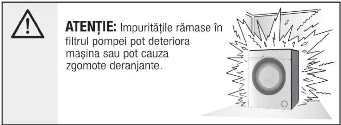 ATENTIE: Impuritățile rămase în filtrul pompei pot deteriora mașina sau pot cauza zgomote deranjante.