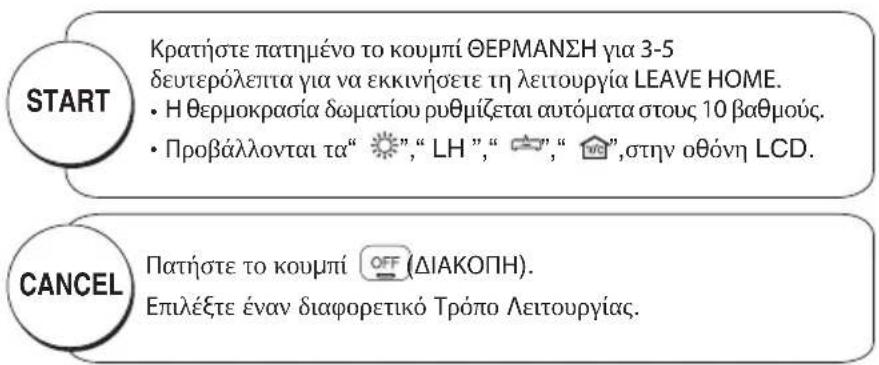 START Κρατήστε πατημένο το κουμπί ΘΕΡΜΑΝΣΗ για 3-5 δευτερόλεπτα για να εκκινήσετε τη λειτουργία LEAVE HOME. • Η θερμοκρασία δωματίου ρυθμίζεται αυτόματα στους 10 βαθμούς. • Προβάλλονται τα“ 🎥”, “ LH ”, “ 🎥”, “ 🎥”, στην οθόνη LCD. CANCEL Πατήστε το κουμπί OFF (ΔΙΑΚΟΠΗ). Επιλέξτε έναν διαφορετικό Τρόπο Λειτουργίας.