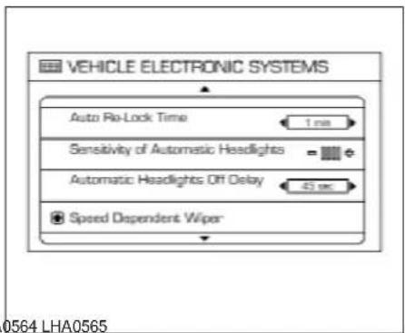VEHICLE ELECTRONIC SYSTEMS Auto Re-Lock Time 1 ns Sensitivity of Automatic Headlights = Automatic Headlights Off Delay 45 sec Speed Dependent Wiper 0564 LHA0565