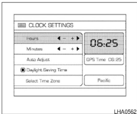 CLOCK SETTINGS Hours ← - + > Minutes ← - + > Auto Adjust Daylight Saving Time Select Time Zone 06:25 GPS Time 06:25 Pacific LHA0562