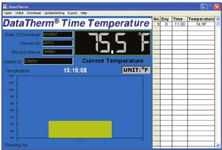 DataTherm® Time Temperature Date Of Download 6/1/2007 Device SN 60772 Record Interval 1H00m Patent ID Demo Current Temperature Temperature 15:15:08 UNIT: °F Reading No. No Day Time Temperature 1 0 11:00 74.9F 114 108 102 96 90 84 78 72 68 62 56 50 44 38 32 26 20 14 74.9F