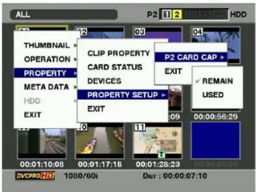 PANASONIC AJ-HPX2000P - Press the MENU button and select PROPERTY→PROPERTY SETUP→P2 CARD CAP from the thumbnail menu. - 1