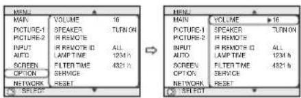 MAIN VOLUME 16 PICTURE-1 SPEAKER TURN ON PICTURE-2 IR REMOT INPUT IR REMOT ID ALL AUTO LAMP TIME 1234 h SCREEN FILTER TIME 432 h OPTION SERVICE NETWORK RESET SELECT MAIN VOLUME 16 PICTURE-1 SPEAKER TURN ON PICTURE-2 IR REMOT INPUT IR REMOT ID ALL AUTO LAMP TIME 1234 h SCREEN FILTER TIME 432 h OPTION SERVICE NETWORK RESET SELECT