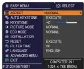 EASY MENU ASPECT AUTO KEYSTONE KEYSTONE PICTURE MODE ECO MODE INSTALLATION RESET FILTER TIME LANGUAGE ADVANCED MENU EXIT 012345673901 NORMAL EXECUTE +0 NORMAL NORMAL EXECUTE On ENGLISH COMPUTER IN 1 1024 x 768 (80Hz)