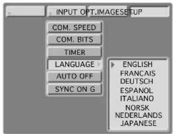 INPUT OPT.IGAMESETUP COM. SPEED COM. BITS TIMER LANGUAGE AUTO OFF SYNC ON G ENGLISH FRANCAIS DEUTSCH ESPAHOL ITALIANO NORSK NEDERLANDS JAPANESE