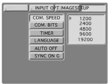 INPUT OPT.IMAGESETUP COM. SPEED 1200 COM. BITS 2400 TIMER 4800 LANGUAGE 9600 AUTO OFF 19200 SYNC ON G
