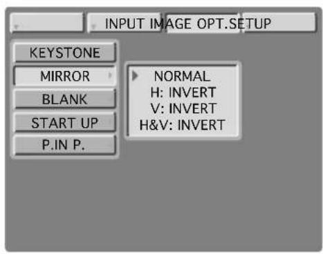 INPUT IMAGE OPT.SETUP KEYSTONE MIRROR BLANK START UP P.IN P. NORMAL H: INVERT V: INVERT H&V: INVERT