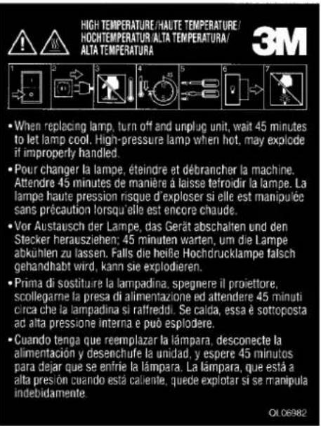 HIGH TEMPERATURE/HALUTE TEMPERATURE/ HOCHTEMPERATUR/ALTA TEMPERATURA/ ALTA TEMPERATURA When replacing lamp, turn off and unplug unit, wait 45 minutes to let lamp cool. High-pressure lamp when hot, may explode if improperly handled. Pour changer la lampe, éteindre et débrancher la machine. Attendre 45 minutes de manière à laisse tefroidir la lampe. La lampe haute pression risque d'exploser si elle est manipulée sans précaution lorsqu'elle est encore chaude. Vor Austausch der Lampe, das Gerät abschaften und den Stecker herausziehen; 45 minuten warten, um die Lampe abkühlen zu lassen. Falls die heiße Hochdrucklampe falsch gehandhabt wird, kann se explodieren. Prima di sostituire la lampadina, spegnere il proiettore, scollegarne la presa di alimentazione ed attendere 45 minuti circa che la lampadina si raffreddi. Se calda, essa è sottoposta ad alta pressione interna e può explodere. Cuando tenga que reemplazar la lámpara, desconecte la alimentación y desenchufe la unidad, y espere 45 minutos para dejar que se enfrie la lámpara. La lámpara, que está a alta presión cuando está caliente, quede explotar si se manipula indebidamente.