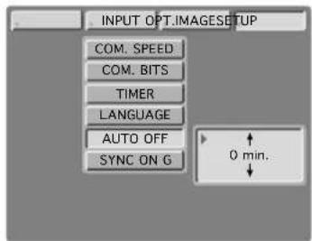 INPUT OPT.IGAMESETUP COM. SPEED COM. BITS TIMER LANGUAGE AUTO OFF SYNC ON G 0 min.