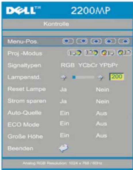 DELL™ 2200MP Kontrolle Menu-Pos. Proj -Modus Signaltypen RGB YCbCr YPbPr Lampenstd. 200 Reset Lampe Ja Nein Strom sparen Ja Nein Auto-Quelle Ein Aus ECO Mode Ein Aus Große Höhe Ein Aus Beenden Analog RGB Resolution: 1024 x 768 / 6GHz