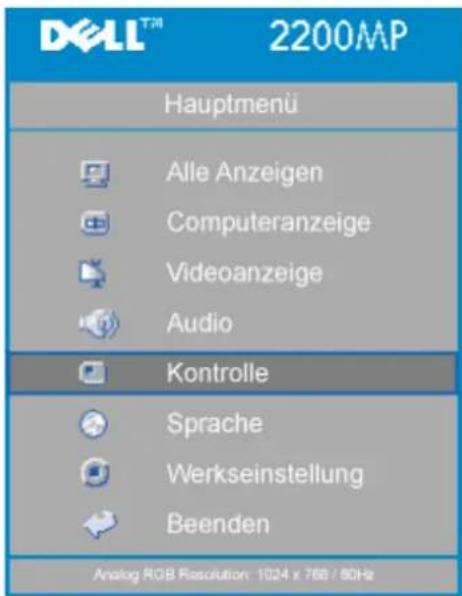 DKLL™ 2200MP Hauptmenü Alle Anzeigen Computeranzeige Videoanzeige Audio Kontrolle Sprache Werkseinstellung Beenden Analog RGB Resolution: 1024 x 766 / 60Hz