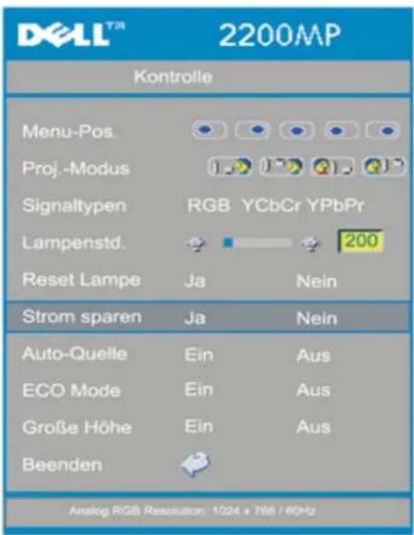 DELL™ 2200MP Kontrolle Menu-Pos. Proj.-Modus Signaltypen RGB YCbCr YPbPr Lampenstd. 200 Reset Lampe Ja Nein Strom sparen Ja Nein Auto-Quelle Ein Aus ECO Mode Ein Aus Große Höhe Ein Aus Beenden Analog RGB Resolution: 1024 x 768 / 60Hz