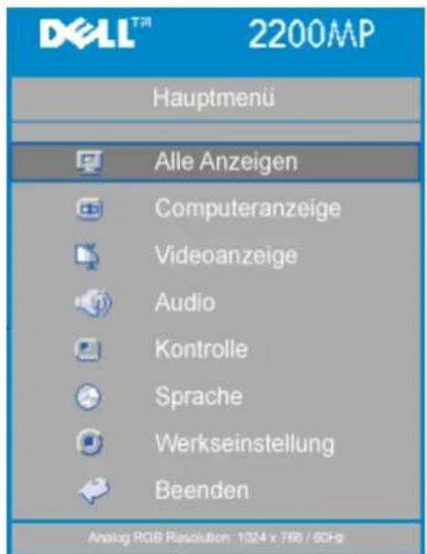 DELL™ 2200MP Hauptmenü Alle Anzeigen Computeranzeige Videoanzeige Audio Kontrolle Sprache Werkseinstellung Beenden Analog RGB Resolution: 1324 x 786 / 50Hz