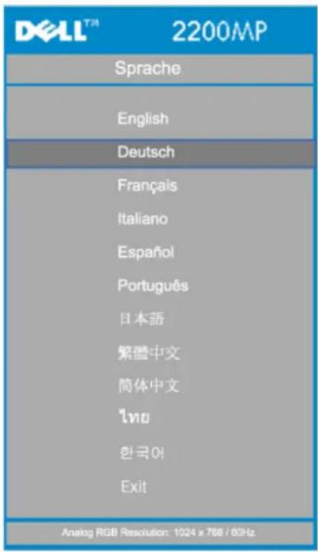 DELL™ 2200MP Sprache English Deutsch Français Italiano Español Português 日本語 繁體中文 简体中文 Inu 한국어 Exit Analog RGB Resolution: 1024 x 768 / 63Hz