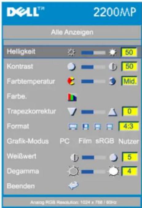 DELL™ 2200MP Alle Anzeigen Helligkeit 50 Kontrast 50 Farbtemperatur Mid. Farbe. Trapezkorrektur 0 Format 4:3 Grafik-Modus PC Film sRGB Nutzer Weißwert 5 Degamma 4 Beenden Analog RGB Resolution: 1024 x 768 / 80Hz
