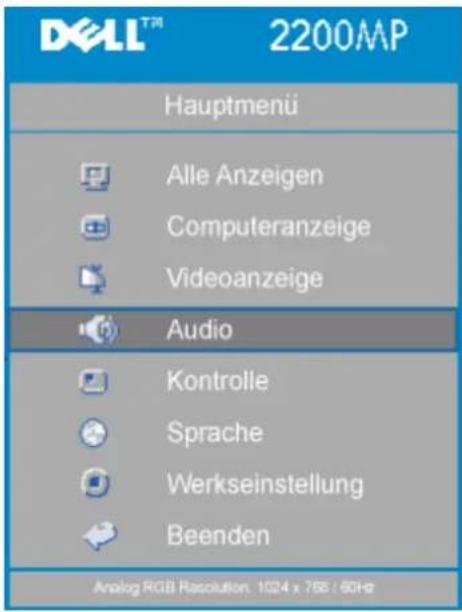 DELL™ 2200MP Hauptmenü Alle Anzeigen Computeranzeige Videoanzeige Audio Kontrolle Sprache Werkseinstellung Beenden Analog RGB Resolution. 1024 x 766 / 60Hz