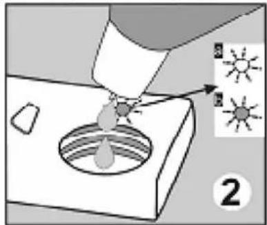 Diagram illustrating a procedure with labeled components and sun icons, showing a droplet being injected into a container.