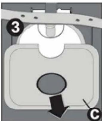 Diagram of a mechanical component with labeled parts and directional arrow, likely illustrating a process or assembly.