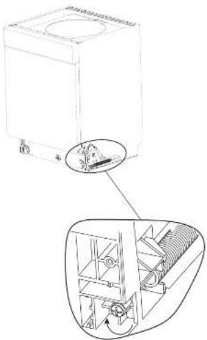 Technical diagram of a washing machine with labeled components and internal mechanism view