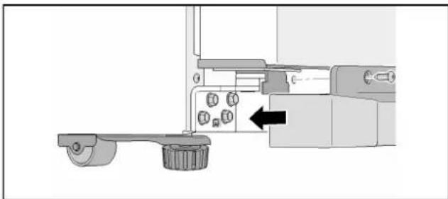 Mechanical assembly diagram showing a lever mechanism with adjustment knobs and a black arrow indicating direction (no text or symbols present)