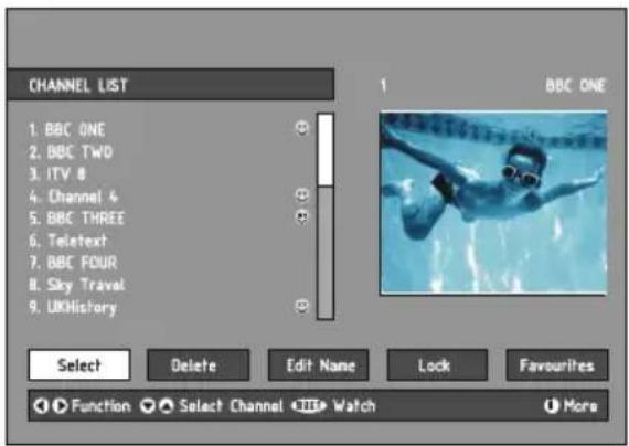 CHANNEL LIST 1. BBC ONE 2. BBC TWO 3. ITV 8 4. Channel 4 5. BBC THREE 6. Teletext 7. BBC FOUR 8. Sky Travel 9. UKHistory BBC ONE Select Delete Edit Name Lock Favourites Function Select Channel Watch More