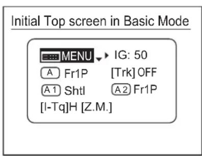 Initial Top screen in Basic Mode MENU IG: 50 A Fr1P [Trk] OFF A1 Shtl A2 Fr1P [I-Tq]H [Z.M.]