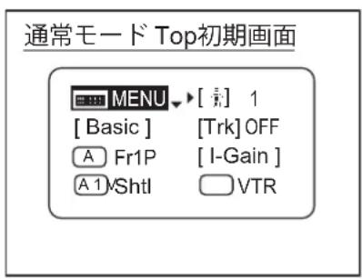 通常モード Top初期画面 MENU [ Basic ] [ Trk] OFF A Fr1P [ I-Gain ] A 1 Shtl VTR