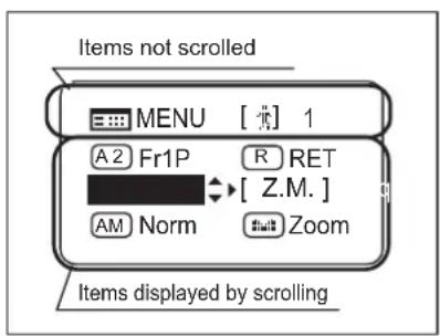 Items not scrolled MENU [1] 1 A2 Fr1P R RET [ Z.M. ] AM Norm Zoom Items displayed by scrolling