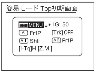 簡易モード Top初期画面 MENU IG: 50 A Fr1P [Trk] OFF A1 Shtl A2 Fr1P [I-Tq]H [Z.M.]