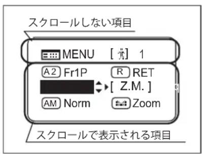 スクロールしない項目 MENU [ * ] 1 A2 Fr1P R RET [ Z.M. ] AM Norm Zoom スクロールで表示される項目