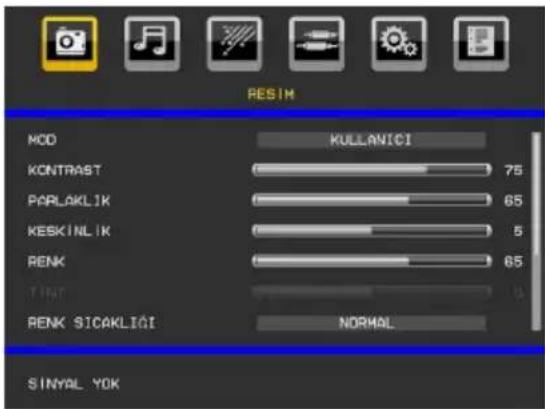 PESIM MOD KULLANICI KONTRAST 75 PORLAKLIK 65 KESKINLIK 5 RENK 65 TIME Normal RENK SICAKLIĞI SINYAL YOK