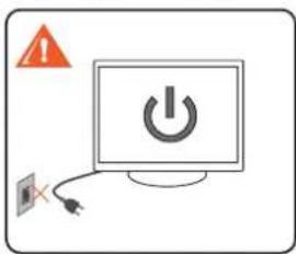 Diagram showing a power button on a computer monitor with an orange warning symbol and a fuse, indicating a warning or alert.