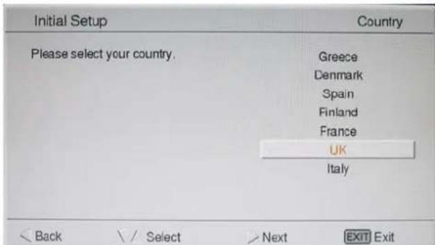 Initial Setup Country Please select your country. Greece Denmark Spain Finland France UK Italy < Back ✓ Select > Next EXIT Exit