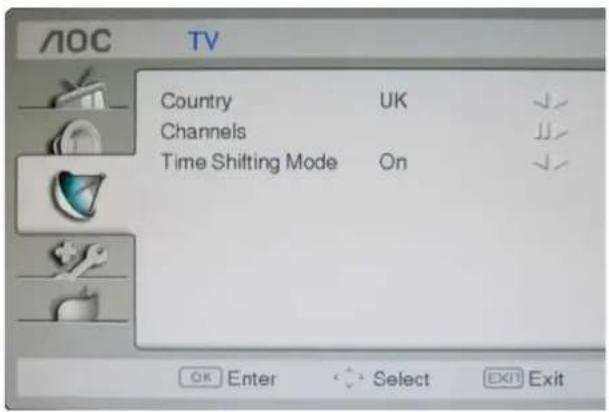 AOC TV Country UK Channels Time Shifting Mode On OK Enter Select Exit Exit