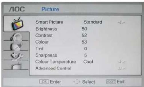 AOC Picture Smart Picture Standard Brightness 50 Contrast 52 Colour 53 Tint 0 Sharpness 5 Colour Temperature Cool Advanced Control OK Enter Select Exit Exit