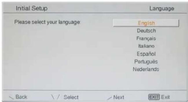 Initial Setup Language Please select your language English Deutsch Français Italiano Español Português Nederlands Back Select Next EXIT Exit
