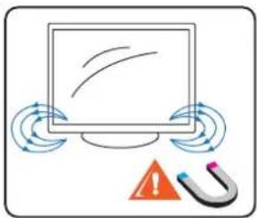 Diagram showing a computer monitor with curved arrows indicating motion, an orange warning triangle with a black dot, and a magnet with a blue-and-white stripe.