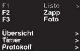 F1 Liste > F2 Zapp F3 Foto Übersicht > Timer > Protokoll >