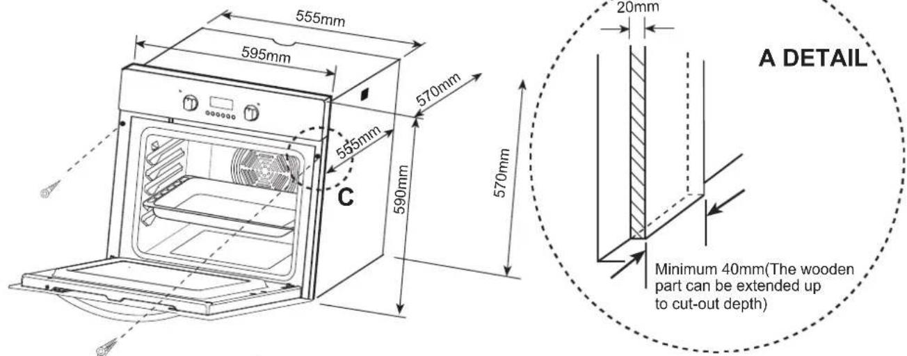 555mm 595mm 570mm 555mm 590mm 570mm 20mm A DETAIL Minimum 40mm(The wooden part can be extended up to cut-out depth)