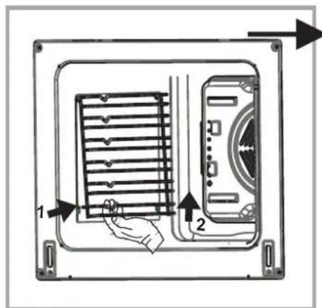 Diagram showing a device panel with labeled parts and directional arrows indicating orientation or movement.