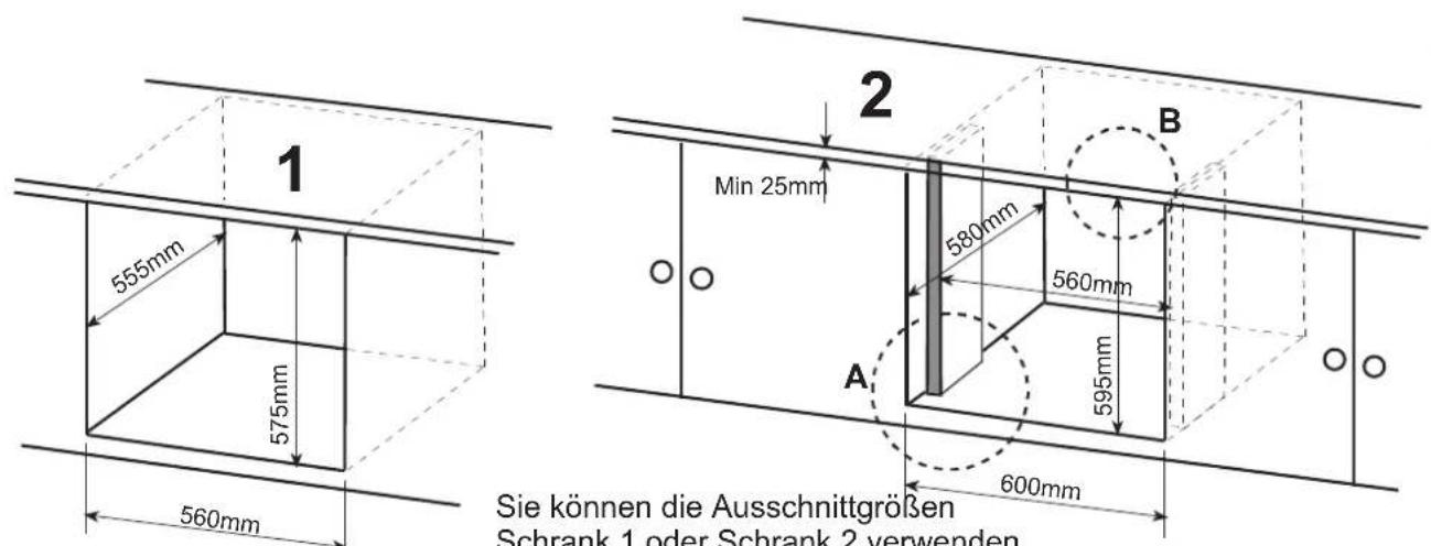 1 555mm 575mm 560mm 2 Min 25mm 580mm 560mm 595mm A 600mm B Sie können die Ausschnittgrößen Schrank 1 oder Schrank 2 verwenden