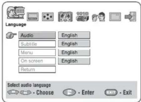Language Audio English Subtitle English Menu English On screen English Return Select audio language - Choose - Enter - Exit