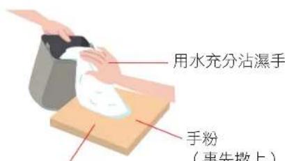 用水充分沾濕手 手粉 （事先撒上）