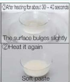 ②After heating for about 30 - 40 seconds The surface bulges slightly ②Heat it again Soft paste