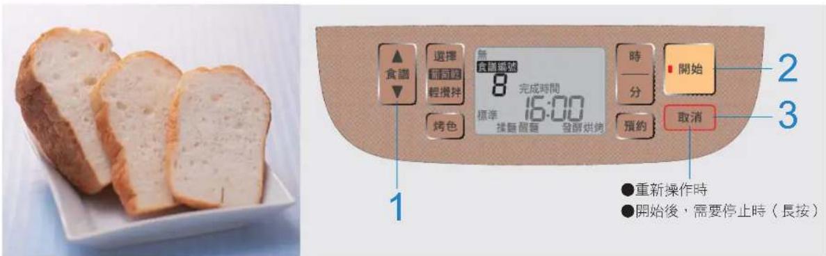 食識 選擇 無 食器開始 8 完成時間 16:00 標準 揉無醒齋 發酵烘烤 時 分 預約 開始 取消 ●重新操作時 ●開始後，需要停止時（長按） 1 2 3