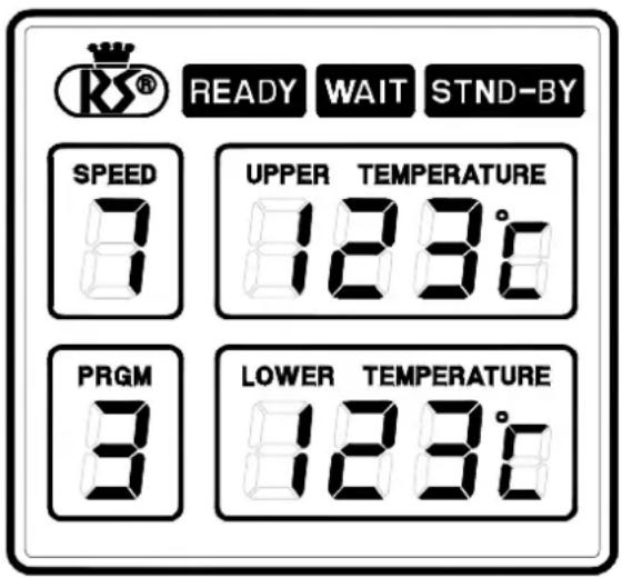 RS® READY WAIT STND-BY SPEED 8 UPPER TEMPERATURE 123°C PRGM 3 LOWER TEMPERATURE 123°C
