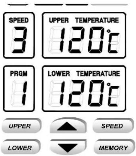 SPEED 3 UPPER TEMPERATURE 120°C PRGM 1 LOWER TEMPERATURE 120°C UPPER SPEED LOWER MEMORY